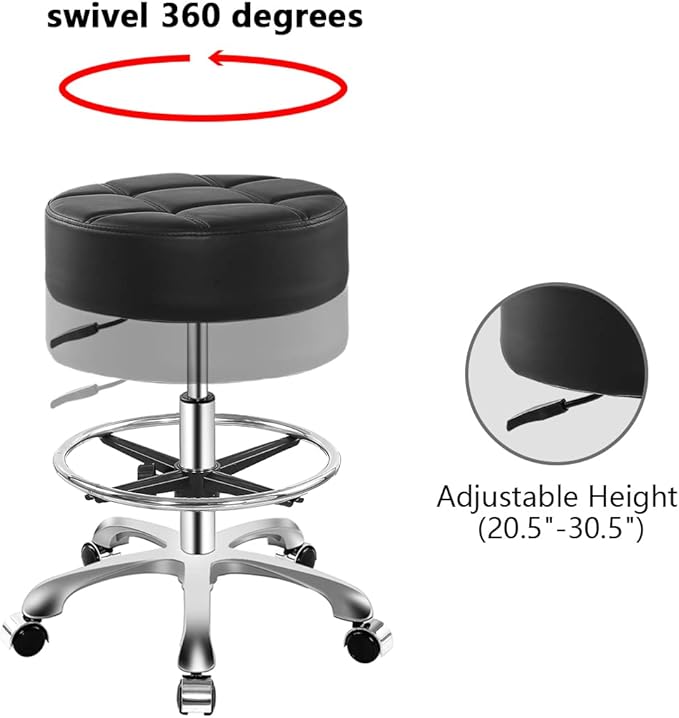 Rolling Stool for Shop Work Medical Tattoo Salon Lash,Heavy Duty Esthetician Hydraulic Chair Stool with Wheels (Black,with Foot Rest)