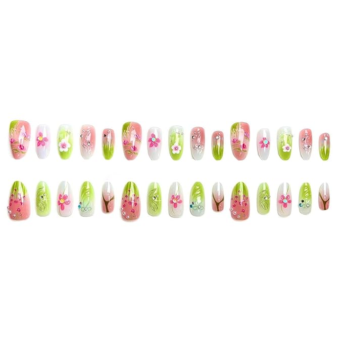 24Pcs Spring Summer Press on Nails Medium Almond Fake Nails 3D Flowers Butterfly Bow Pearl Design Full Cover Stick on Nails Reusable Green Pink Nails Flower False Nails for Women Girls Acrylic Nails