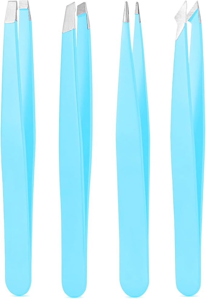 Tweezers Set, High Precision Stainless Steel Eyebrow Tweezers for Facial Hair, Inward Growing Hair and Splinter Remover Kit, Suitable for Women and Men, Pink and Black 4-Piece Set. (Blue)