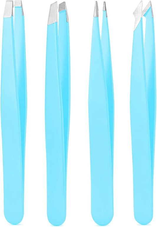 Tweezers Set, High Precision Stainless Steel Eyebrow Tweezers for Facial Hair, Inward Growing Hair and Splinter Remover Kit, Suitable for Women and Men, Pink and Black 4-Piece Set. (Blue)