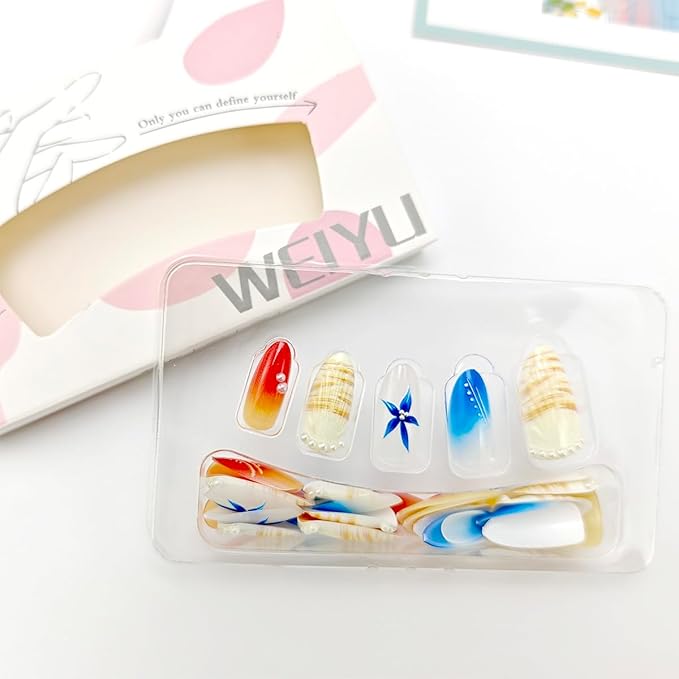 24Pcs Summer Press on Nails Medium Almond Fake Nails Hawaii Flower Seashell Pearl Designs Full Cover Glue on Nails Artificial Beach Nails French Tip False Nails for Women Girls Acrylic Manicure DIY