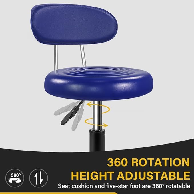 Rolling Stool with Wheels Swivel Stool with Back Height Adjustable Chair Ideal for SPA Salon Home Office Drafting Work (Blue)