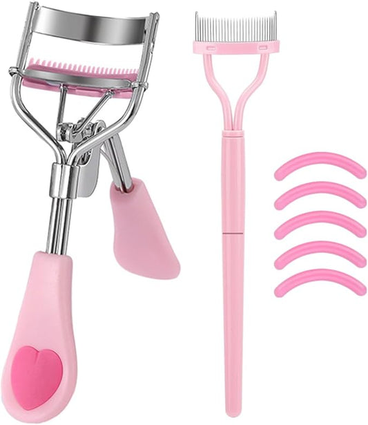 Stainless Steel Eyelash Curler with Comb and Eyelash Brush Fit Suitable for Any Eye Shapes and Sizes, with 5 Silicone Refill Pads (Light Pink Set)