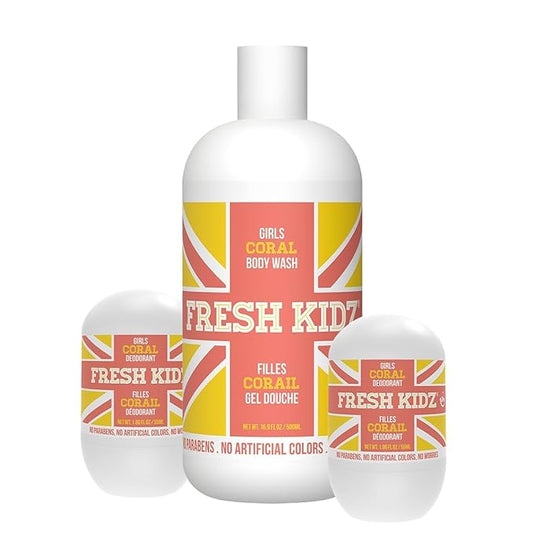 Fresh Kidz Body Wash 16.9 fl.oz. and 2 Roll-On Deodorants 1.86 fl.oz. for Kids and Teens - Girls Coral Set