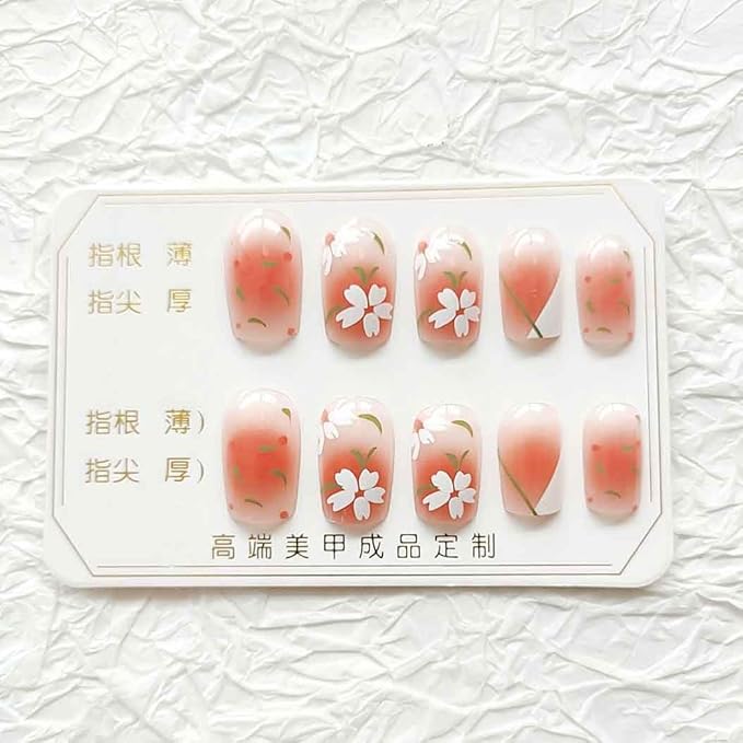 RikView Square Press on Nails Medium Fake Nails Pink Nails with Flowers Design Glossy Nails for Women 24 PCs/Set