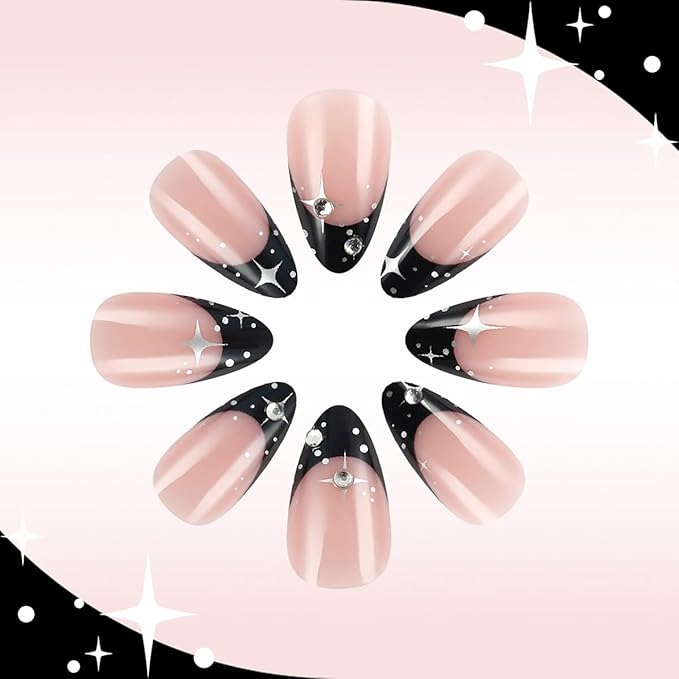 24Pcs Star Press on Nails Medium Almond Fake Nails Black French Tip False Nails with Round Silver Rhinestones Design Full Cover Glue on Nails Nude Artificial Nails Glitter Stick on Nails for Women DIY