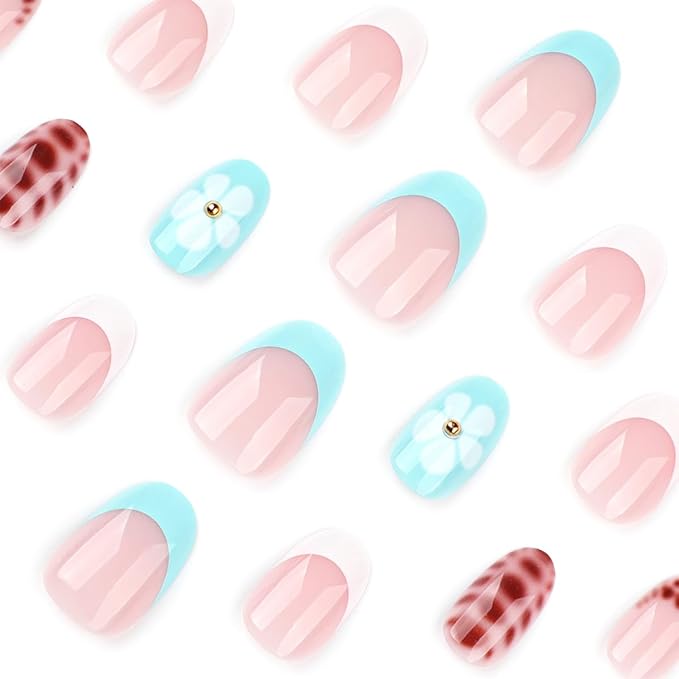 Almond Shaped Press on Nails Short Oval False Nails with Designs Blue White French Tips Glue on Nails Leopard Print Flowers Acrylic Nails Glossy Full Cover Stick on Nails for Women Manicure 24 Pcs