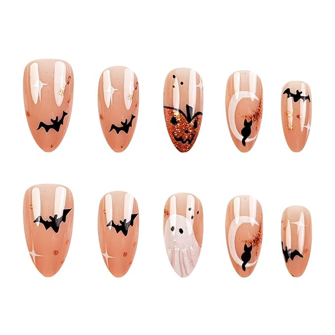 24Pcs Short Almond Press on Nails Cute Ghost Fake Nails with Black Bat Cat Star Goth Nail Designs Full Cover Artificial Reusable Nails Stick on Nail Glitter Pumpkin False Nails for Manicure Salon DIY