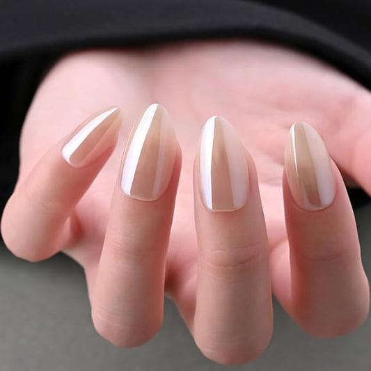 Press on Nails Short Almond - Nude Chrome Glazed Glossy Press on Nail Tips Glue On Nails with Nail Glue for Gift, Reusable Stick On Nails in 15 Sizes - 30 Full Cover Acrylic Soft Gel Fake Nails Kit