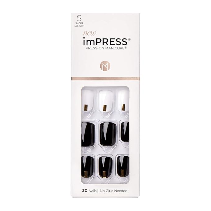 imPRESS Design, Press On Nails, Midnight Drive, Black and White, Short, Size, Squoval, Shape, Includes 30 Nails, Prep Pad, Instructions Sheet, 1 Manicure Stick, 1 Mini File