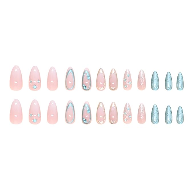 Hkanlre Blue Fake Nails Tips Bling Press on Nails Full Cover Medium Almond False Rhinestones Nails for Women 24PCS