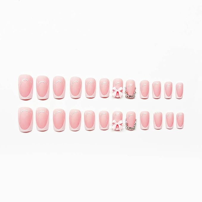 French Tip Press on Nails Short Square Fake Nails with Designs 3D Bow Rhinestones False Nails Glossy Full Cover Acrylic Nails Glue on Nails Shiny Artificial Stick on Nails for Women Manicure 24 Pcs