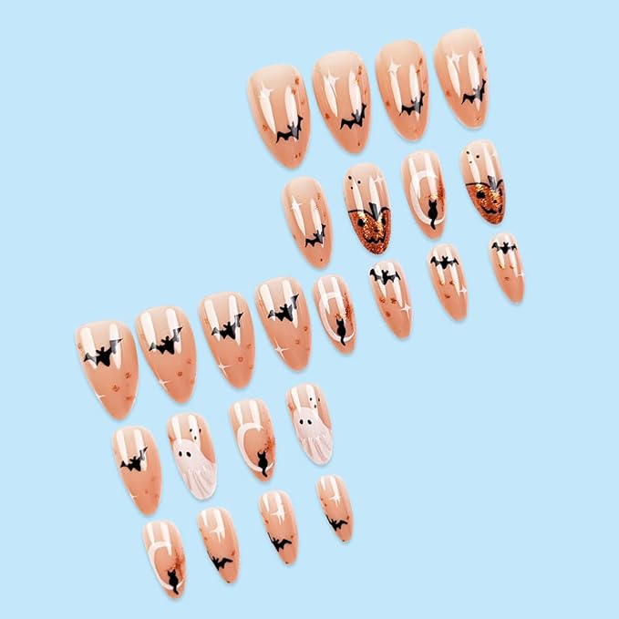 24Pcs Short Almond Press on Nails Cute Ghost Fake Nails with Black Bat Cat Star Goth Nail Designs Full Cover Artificial Reusable Nails Stick on Nail Glitter Pumpkin False Nails for Manicure Salon DIY