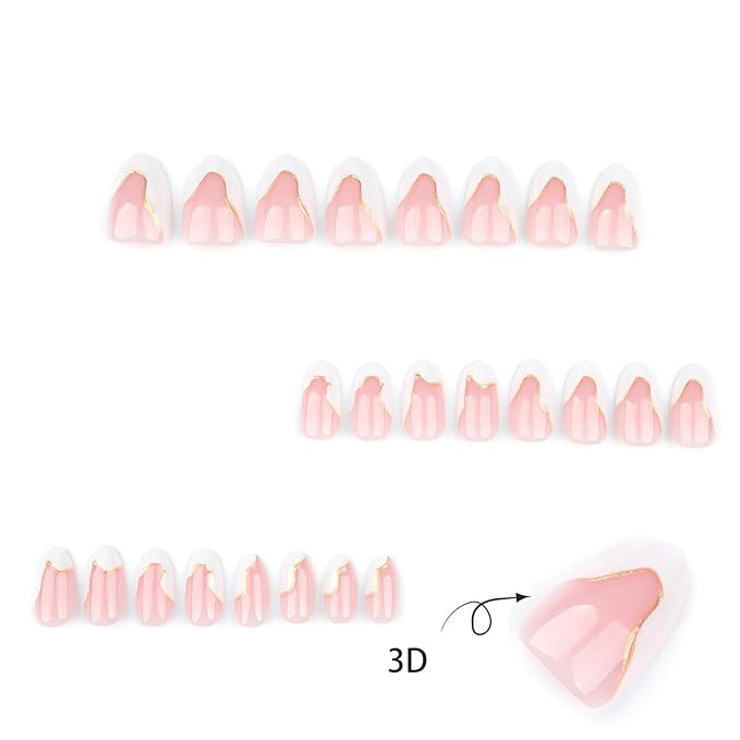 White French Tips Press on Nails 24Pcs 3D Curve Line Acrylic Full Cover Fake Nails Irregular Gel Glue on Fingernails Glossy Pink Medium Almond False Nail Curved Stick on Nail for Holiday Manicure Art