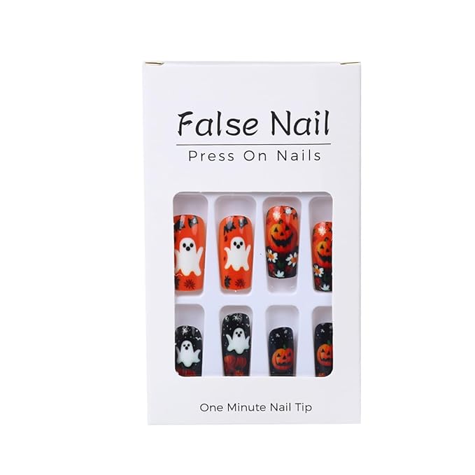 24Pcs Horror Pumpkin Press on Nails Medium Square Halloween Fake Nails Pumpkins Ghost Black Cat with Flower Full Cover Glue on Nail Goth False Nails Halloween Horror Stick on Nail for Women Acrylic