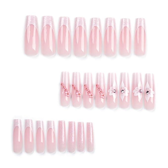 French Tip Press on Nails White Flower Gradient with Sparkling Rhinestones Long Square Glitter Fake Nails Full Cover Luxury Glue on Nails for Women 24PCS