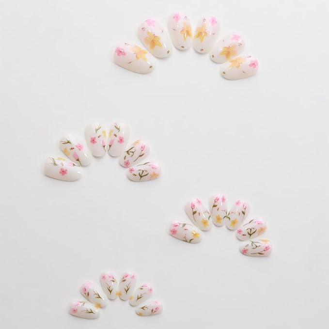 24Pcs Flower Press on Nails Medium Almond Fake Nails with White Pink Flower Fallen Leaves Design Full Cover Artificial Glue on Nails Cute False Nails Spring Stick on Nails Nude Nail Supplies for Women