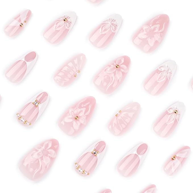 24Pcs White French Tip Press on Nails Medium Almond Fake Nails 3D Flower with Gold Rhinestones Design Ripple Pearl False Nails Nude Pink Full Cover Glue on Nail Ribbon Stick on Nails for Women
