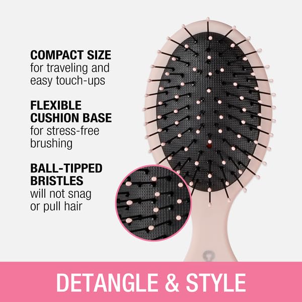 Conair Detangling Mini Hair Brush Set, 3-Pack Detangler Brushes for Wet or Dry Hair, Gentle Detangler for All Hair Types, Bristle Hair Brushes for Women, Travel Size, Matte Pink, Green, Black