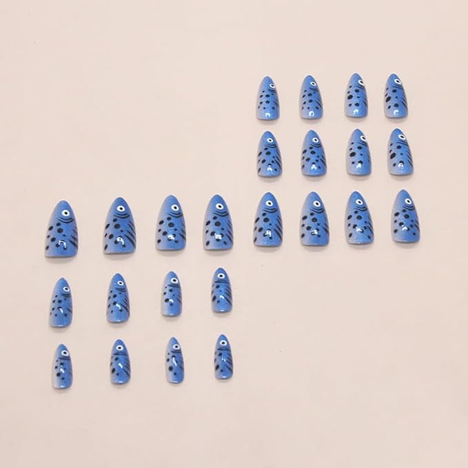 Blue Fish Press on Nails Medium Almond Fake Nails Summer False Nails Press on Ocean Cat Eye Glue on Nails Glossy Acrylic Nail for Women Manicure Art 24Pcs