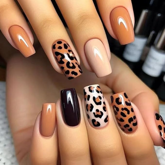 24Pcs Leopard Print Press on Nails Medium Square Fake Nails Nude Nails Press ons Cheetah Stick on Nails Full Cover Artificial Nail Brown Black Acrylic Nails Solid Color False Nails for Women Girls