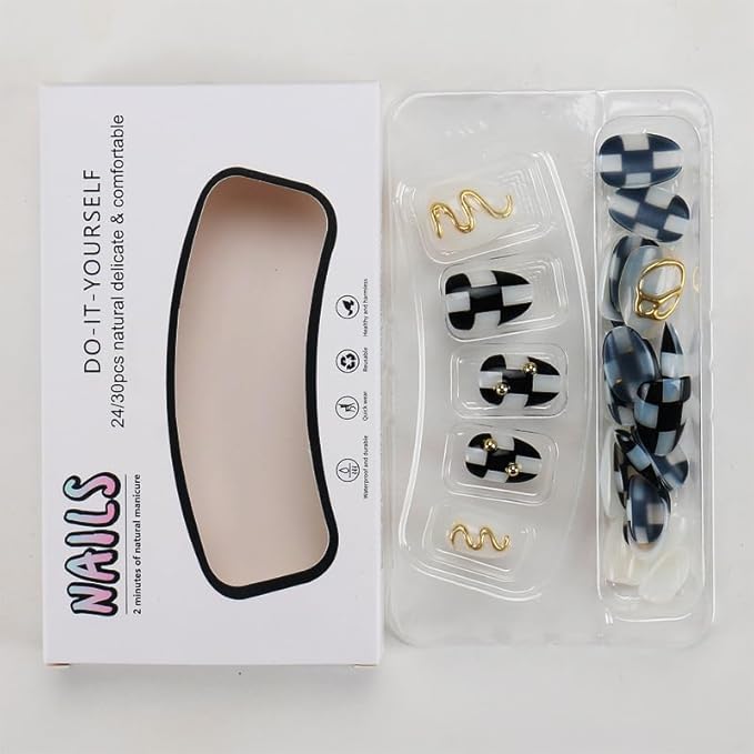 Short Square Almond Press on Nails Nude Gold Foil Fake Nails Stick on Nail for Women 24pcs