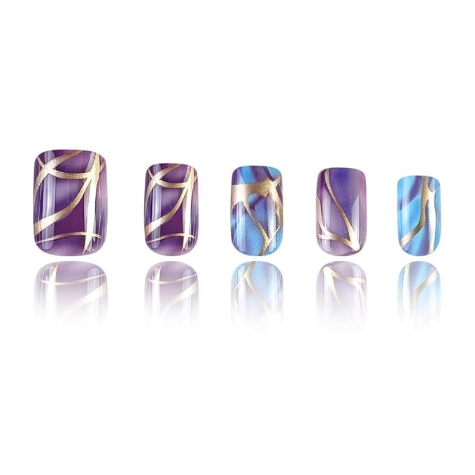 Square Press on Nails Short Purple Fake Nails Marble Acrylic Nails with Design Gradation Gold Line Glue on Nails Glossy Stick on Nails False Nails Kit for Women Girls Manicure Art 24 Pcs