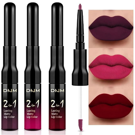 3Pcs 2 in 1 Dark Plum Purple Rose Dark Red Lip Liner and Liquid Lipstick Stain Makeup Set for women, Long Lasting Smudge Proof Lip Tint Matte Finish Lip Gloss for All-Day Color Hold Easy to Use, Set01