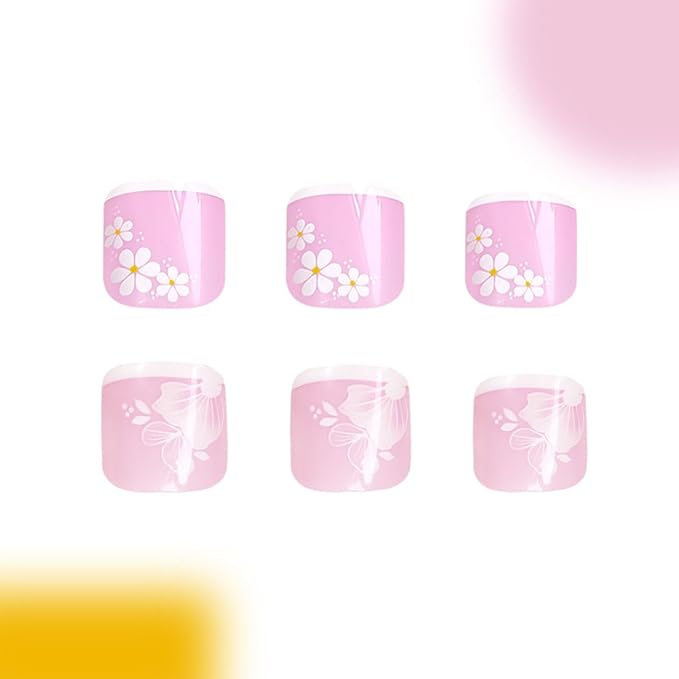 White Flower Press on Toenails Short Square French Tip Press on Flowers Fake Toenails with Floral Designs Glossy Pink Full Cover False Toenails Cute Toe Nails Press ons Acrylic Set for Women 48Pcs