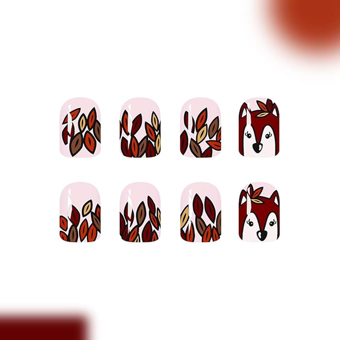 Fall Press on Nails Short Square Fake Nails with Fallen Leaf Designs Nude Acrylic Glue on Nail Cute Squirrel Stick on Nails Glossy Reusable Thanksgiving False Nail for Women Autumn Manicure 24pcs