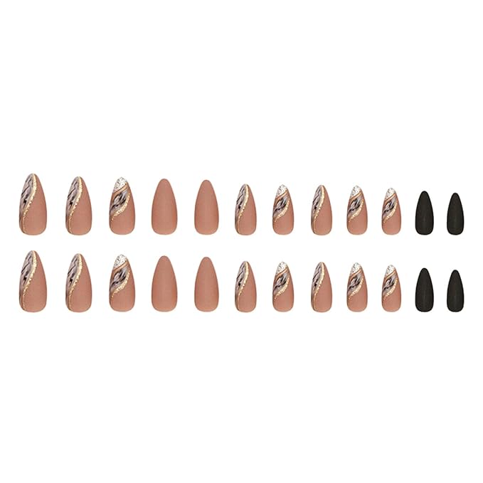 Almond Press on Nails Medium Fake Nails Nude False Nails with Designs Gold Glitter Line Glue on Nails Marble Full Cover Acrylic Nails Brown Matte Stick on Nails for Women 24 Pcs