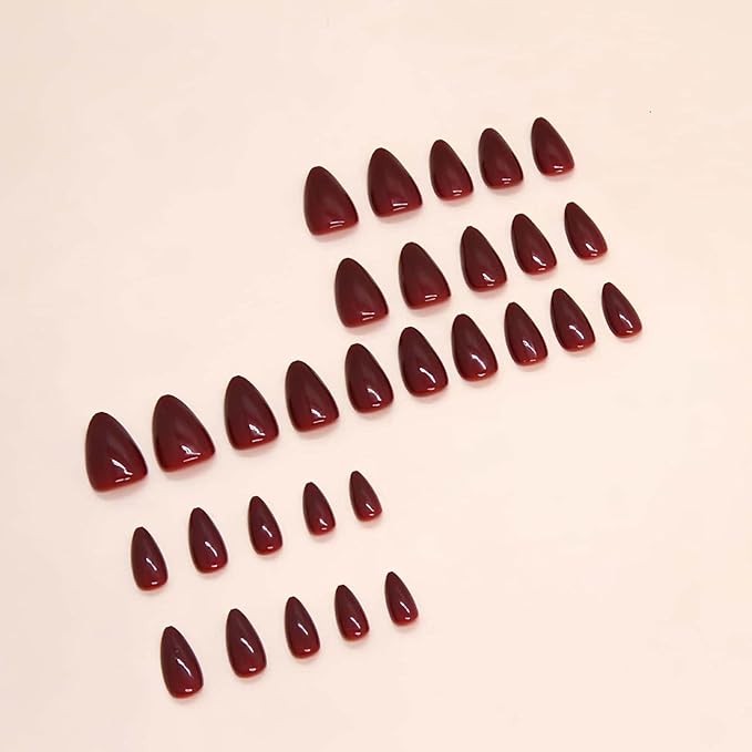 Wine Red Press on Nails Solid Color Fake Nails Short Almond Glossy Full Cover Acrylic Glue on Nails Art Design Reusable Artificial Stick on Nails for Women Girls 30 Pcs