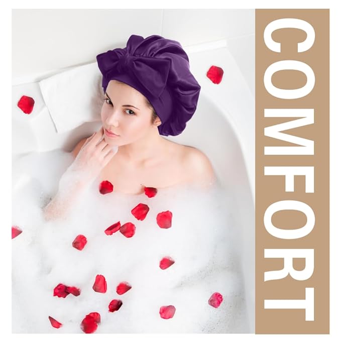 Silk Bonnet for Sleeping Women, Ajustable Hair Bonnet for Curly Hair with Tie Band Shower Caps Lilac，Large