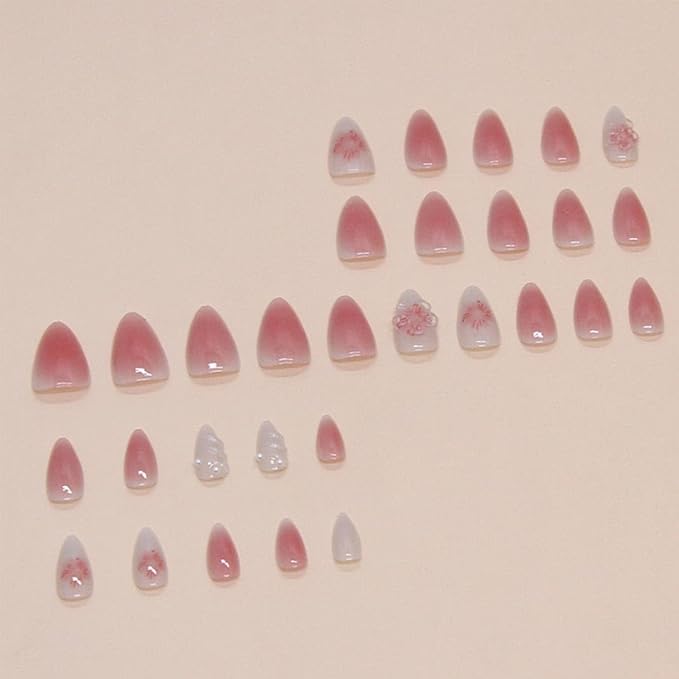 Almond Press-on Nails - Medium French Tips, Pink Glossy Full Cover Set (24 PCS, Includes Pink 3D Nails)