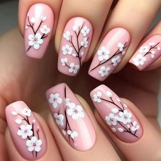 Pink Press on Nails Medium Coffin Fake Nails Sakura Flower Acrylic Nails 3D Floral False Nails Glossy Glue on Nails Stick on Nails Cute Artificial Nails for Women Girls Manicure 24Pcs