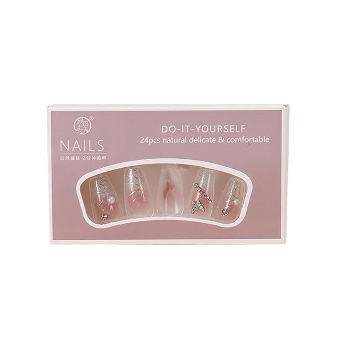 Hkanlre Press on Nails Long Fake Butterfly Pink Nails Tips Full Cover False Almond Nails for Women and Girls 24PCS