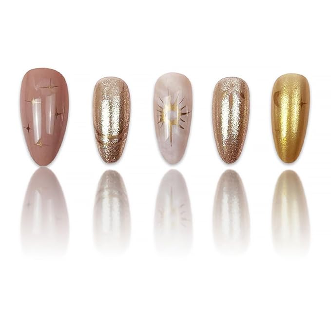 24Pcs Star Press on Nails Medium Almond Fake Nails Gold French Tip False Nails with Moom Design Nude White Full Cover Artificial Glue on Nails Glossy Stick on Nails Spring Nail Supplies for Women DIY