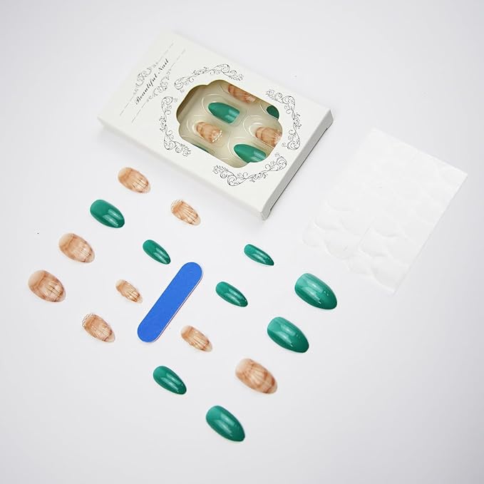 24Pcs Orange Shell Medium Almond Acrylic False Nails with Dark Green Glitter Design Silver Pearl Finish, Glossy Full Cover Artificial Glue on Nails, Summer Stick on Nails for Women Manicure