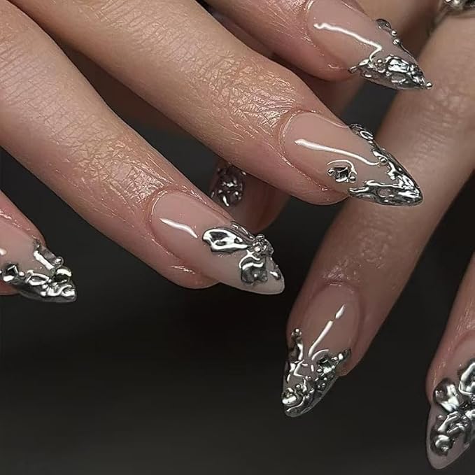 Almond Press on Nails Silver Fake Nails French Tip False Nails Press ons 3D Silver Chrome Design Glue on Acrylic Nails for Women Manicure Art Decoration 24Pcs
