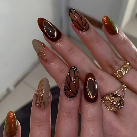 Almond Press on Nails Brown Butterfly Fake Nails 3D Gold Line Acrylic Nails Medium Artificial Nails Glossy French Tip False Nails Glue on Nails for Women Girls Manicure Nails Decoration