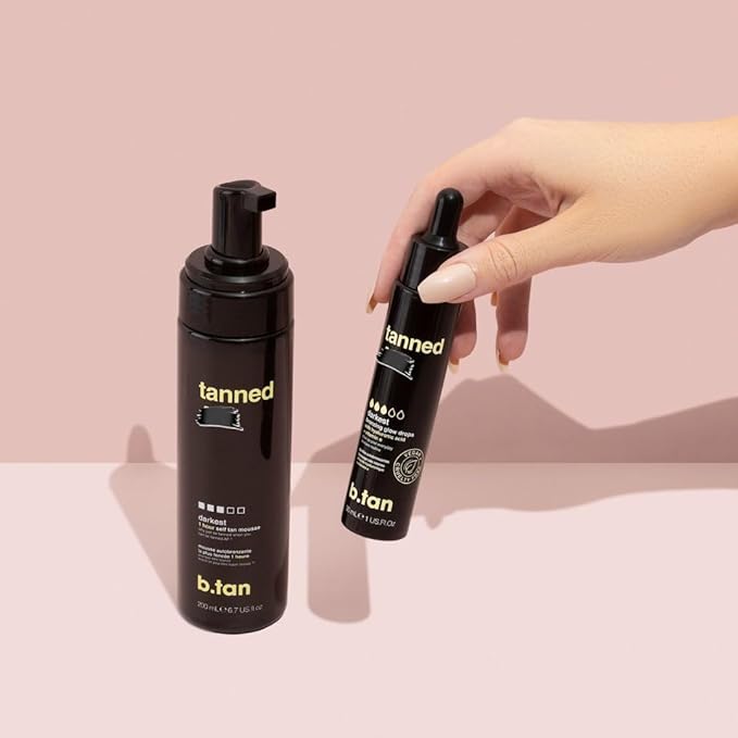 b.tan Dark Self Tanner Mini Kit | Get Tanned Travel Bundle - Mini Dark Self Tanner Mousse with Self Tanning Mitt Applicator, 1 Hour Sunless Tanner, Fast Self Tan, Vegan, Cruelty Free, 3 Fl Oz