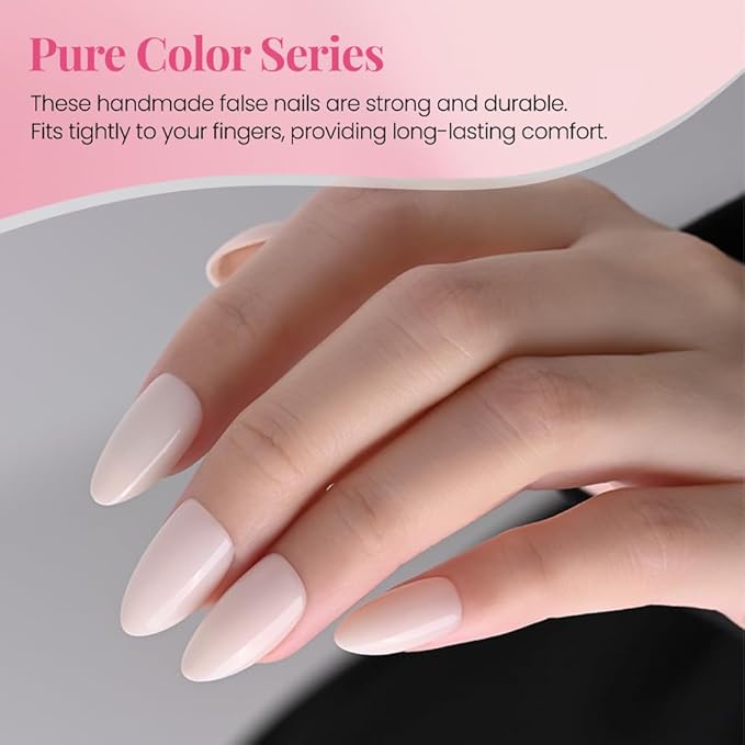 evpct Glossy Press on Nails Short Almond Short for Women, Nude White Fake Nail with Glue Salon Quality Reusable Stick on Nails In 15 Sizes 30Pcs Full Cover False Nail Soft Gel Set Kit for Gift, 09