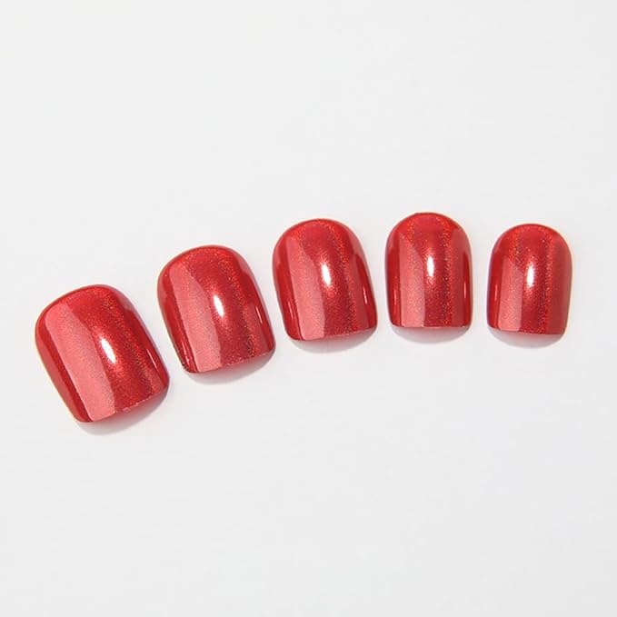 Red Press on Nails Short Square, Chrome Press on Nails, Fashion Gel Fake Nails, Reusable Acrylic Fake Nails, Glossy Stick on Nails, Thick Reusable Glue On Nails for Women, 24Pcs