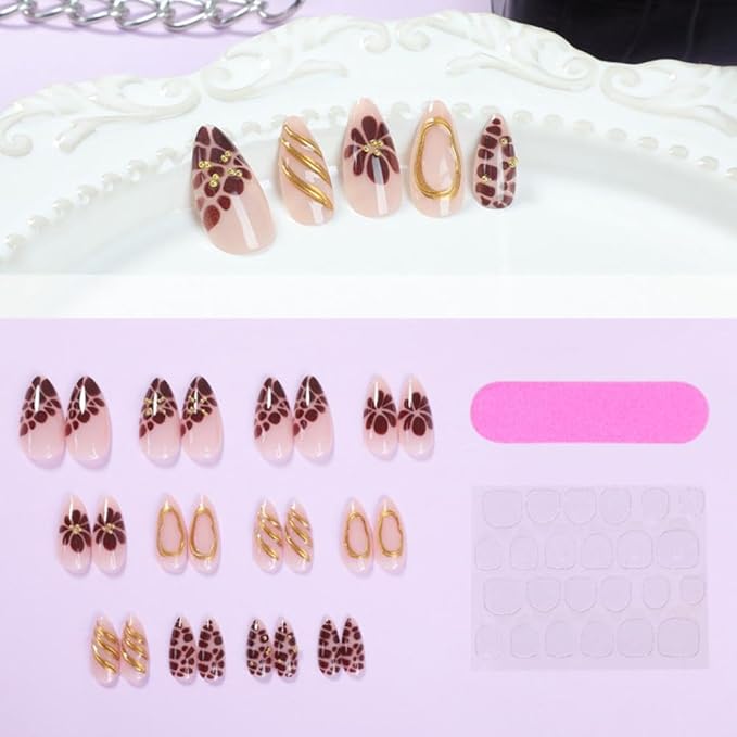 Brown Flower Press on Nails Leopard Fake Nails Medium Almond False Nails with Gold Design Nude Glue on Nails Glossy Artificial Acrylic Full Cover Stick on Nails for Women Manicure 24Pcs