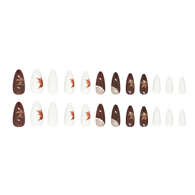 24Pcs Maple Leaf Press on Nails Medium -Length Almond Nail Retro Autumn Leaves Fake Nails with Fall Thanksgiving Design Dark Glossy False Nails Rhinestones Nails Charms Stick on Nails for Women