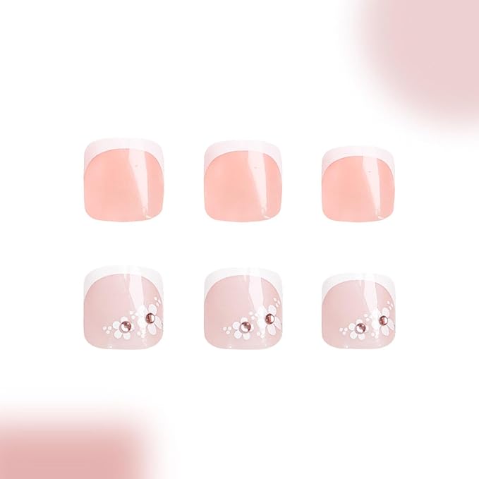 French Tip Press on Toenails Pink Fake Toe Nails with Floral Design Summer False Toenails White French Tips Toe Nails Kit Press ons Glossy Cute Toenails Flower Rhinestones Nails for Women 48Pcs