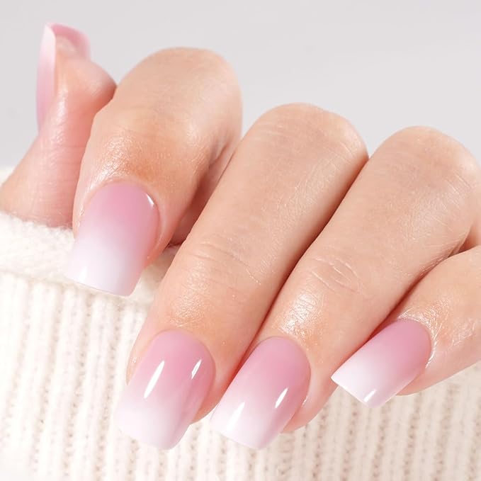 Pink Ombre Press On Nails Short Square, Gradient French Tip Designer Fake Nail Reusable Real Acrylic Nails for Women, Glossy Soft Gel False Nail with Glue On Nails, Wedding Stick On Nail