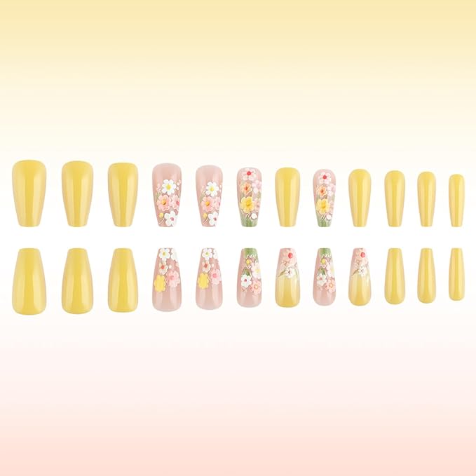 24Pcs Flower Press on Nails Wild Flower Acrylic Full Cover Fake Nails Yellow Gradient Stick on Nail Glossy French Tips Medium Coffin False Nail Summer Gel Glue on Fingernails for Holiday Manicure Art