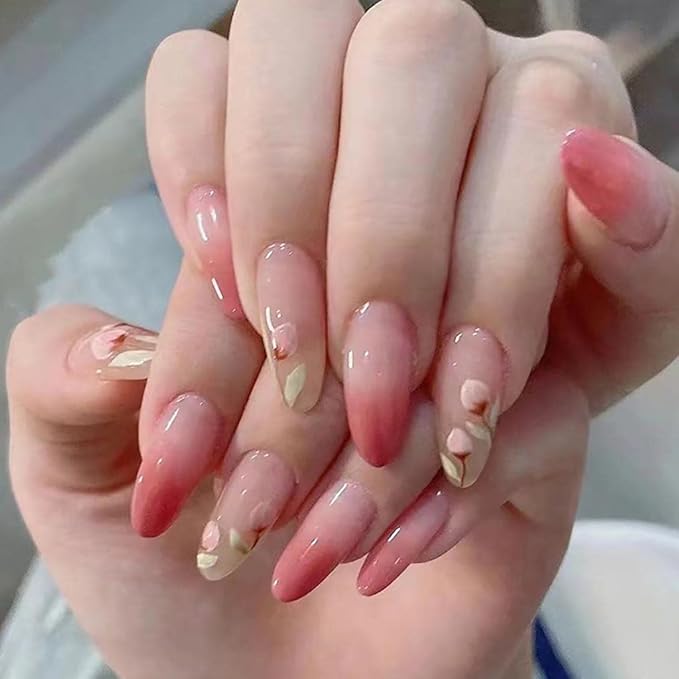 RikView French Tip Press on Nails Medium Stick on Nails Pink Fake Nails Almond Nails for Women with Flowers Design