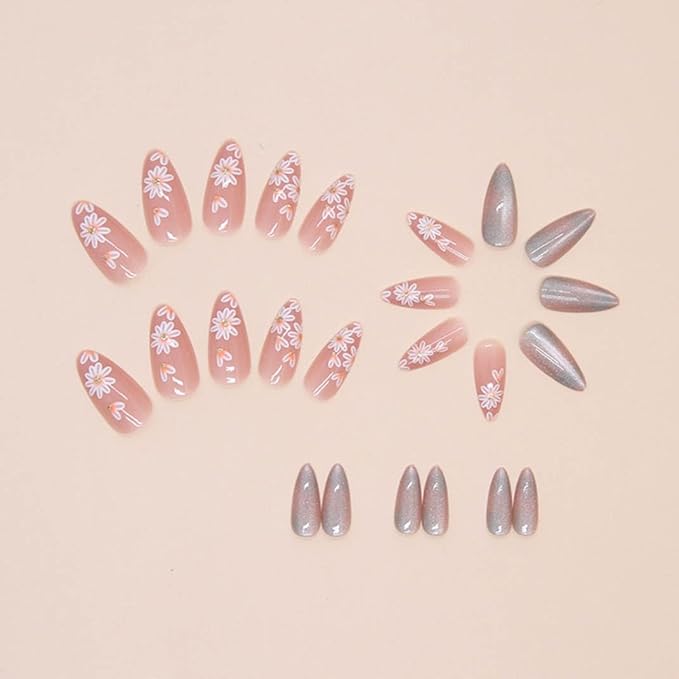 Almond Press On Nails - Medium French Tips, Pink Glossy Full Cover Nails (24 PCS/Set)